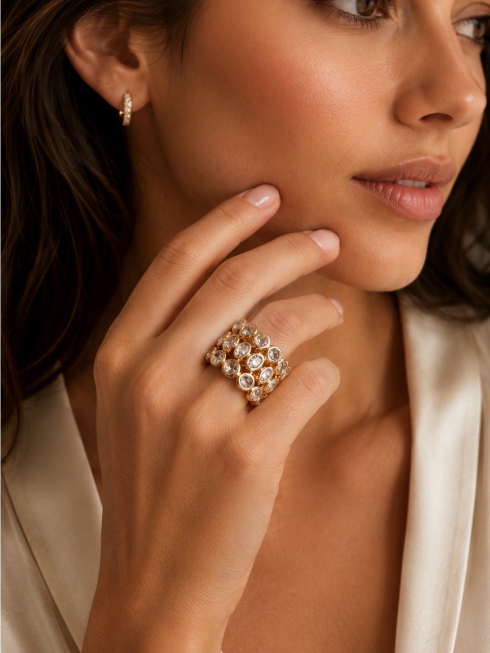 $7800 18K Yellow Gold Rose Cut Diamond Wide Band Ring Polki Statement Size 7.5